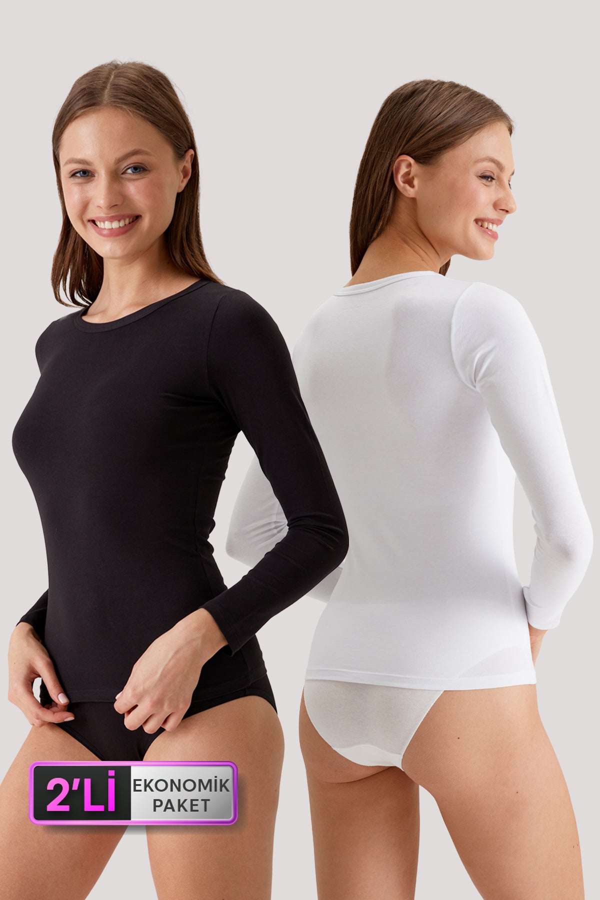 2'li Ekonomik Paket 1028 Uzun Kollu Basic Pamuklu T-shirt / Atlet Set