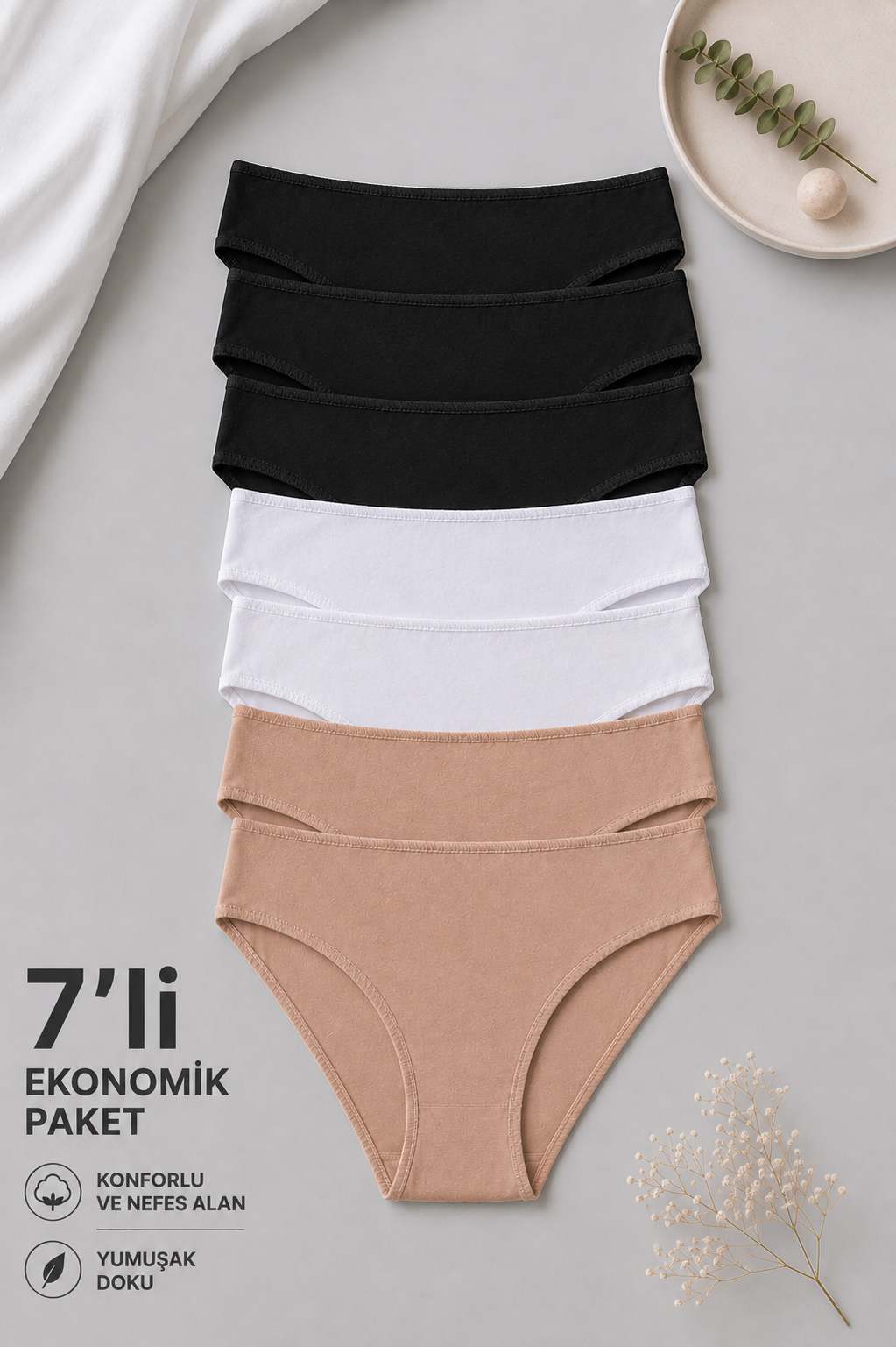 7'li Ekonomik Paket 2070 No Show İz Belli Etmeyen Pamuklu Basic Brief Külot