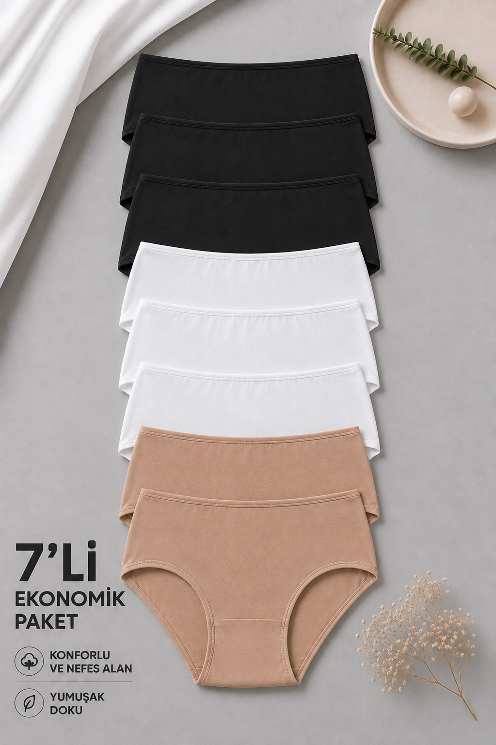 7'li Ekonomik Paket 2073 Yüksek Bel Pamuklu Basic Slip Külot