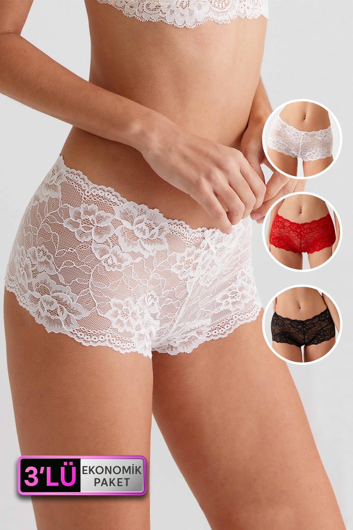 3'lü Ekonomik Paket 2132 Dantelli Fantezi Shortie Boxer