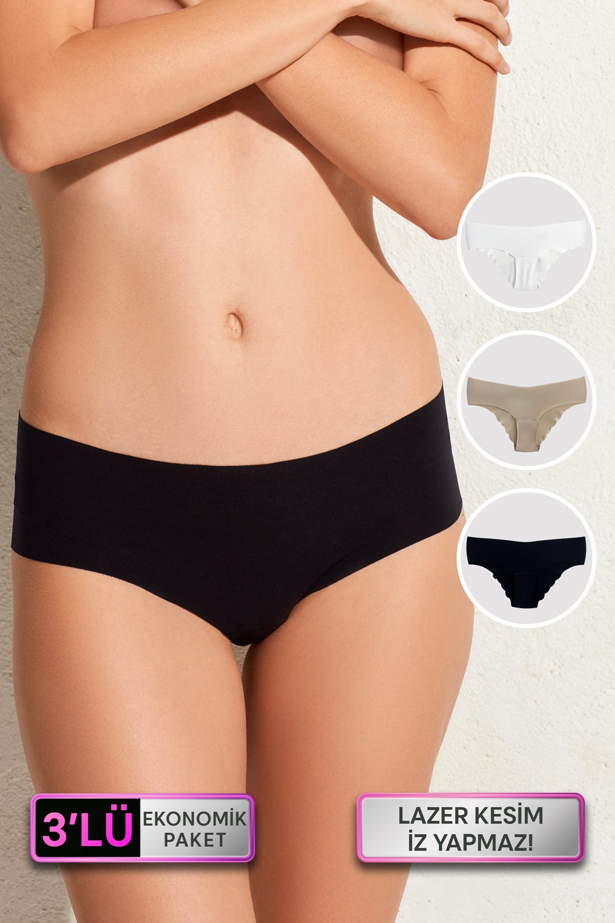 3'lü Ekonomik Paket 2900 Lazer Kesim İz Yapmayan Dikişsiz Micro Hipster Külot (Pamuklu Ağ)