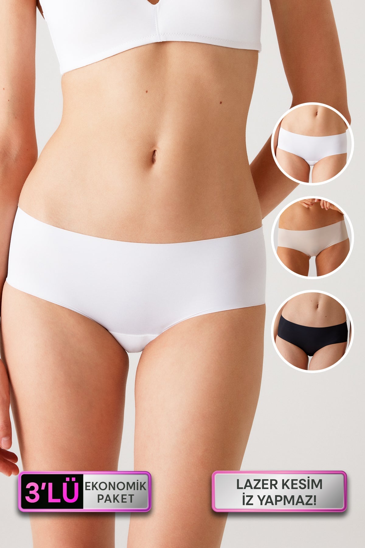 3'lü Ekonomik Paket 2902 Lazer Kesim İz Yapmayan Dikişsiz Micro Hipster (Pamuklu Ağ)