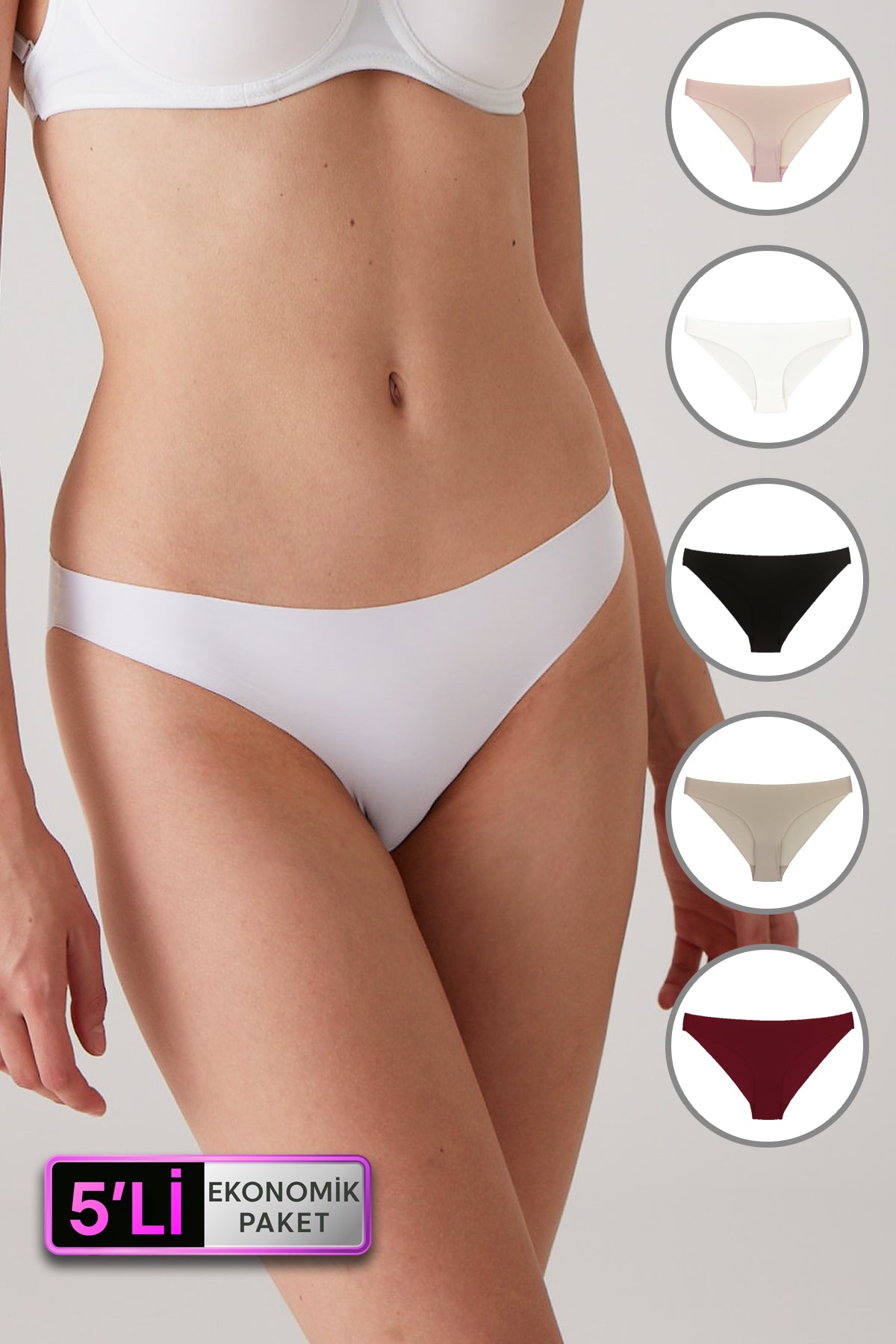 5'li Ekonomik Paket 2855 Lazer Kesim İz Yapmayan Dikişsiz Classic Micro Slip Külot (Pamuklu Ağ)