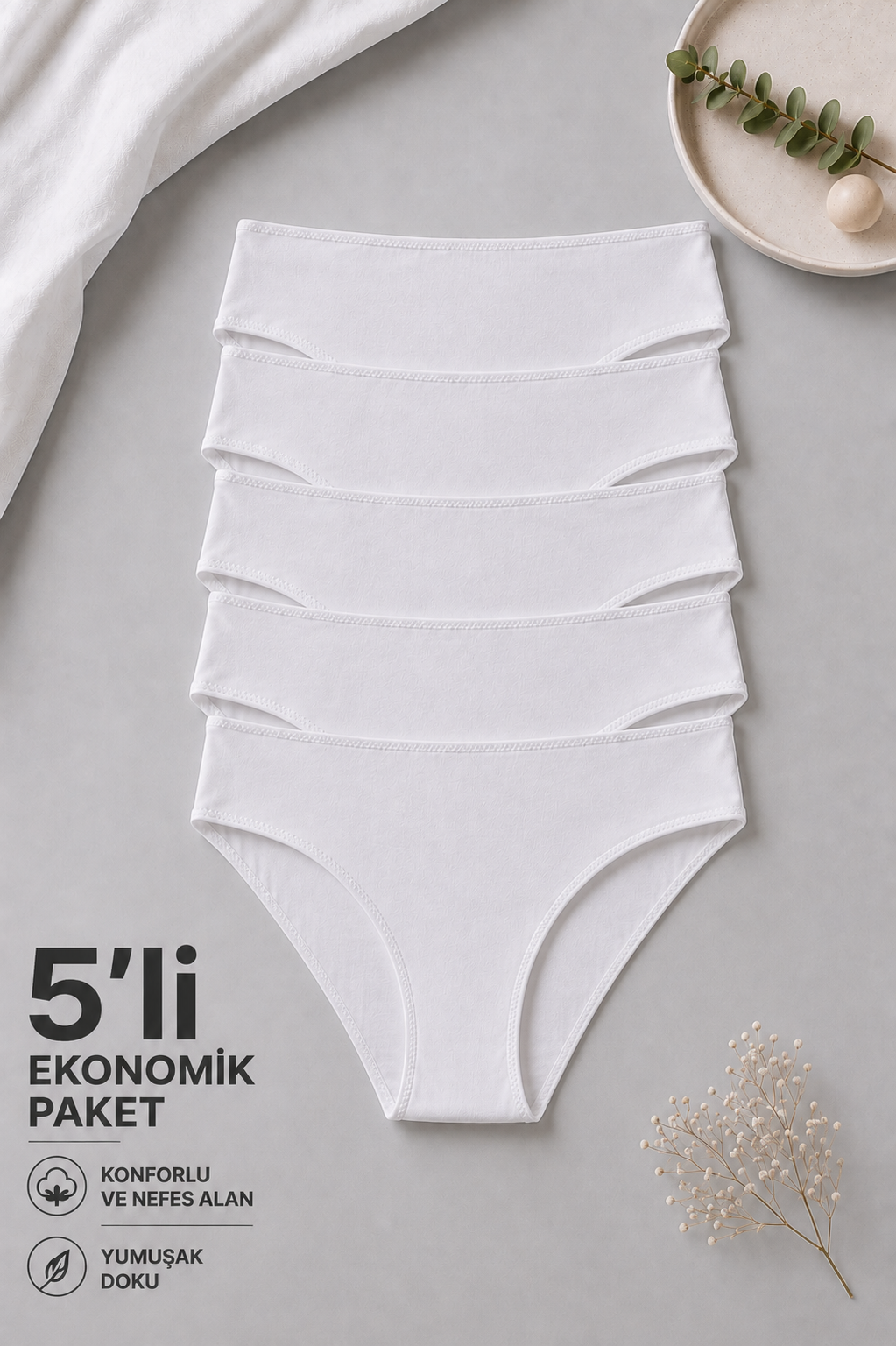 5'li Ekonomik Paket 2950 No Show İz Belli Etmeyen Pamuklu Basic Brief Külot