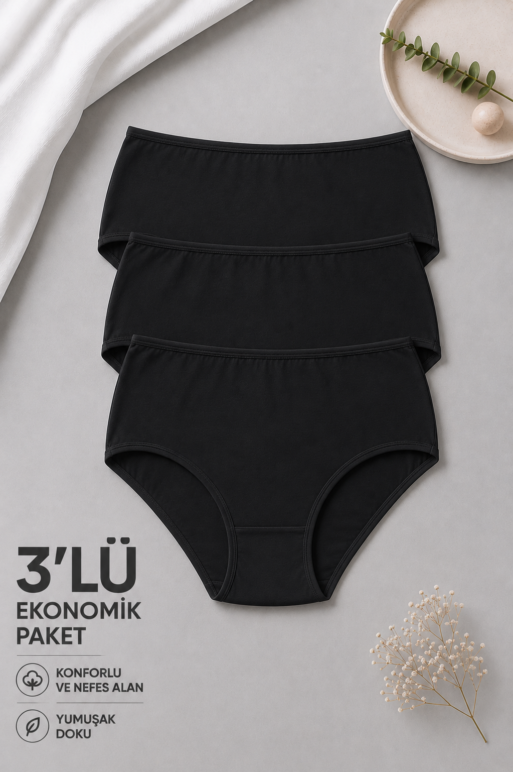 3'lü Ekonomik Paket 2953 Yüksek Bel Pamuklu Basic Slip Külot