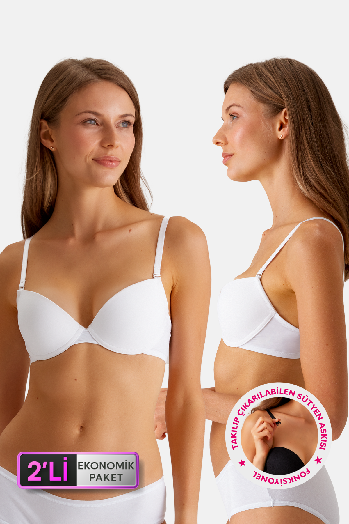 2'li Ekonomik Paket 6812 Como Balenli Soft Push Up Micro Dekolteli T-Shirt Sütyen Set