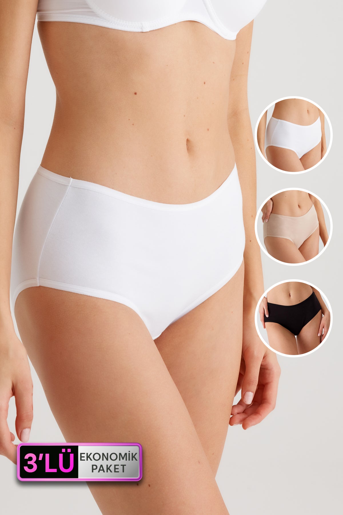 3'lü Ekonomik Paket 2033 Yüksek Bel Pamuklu Basic Slip Külot
